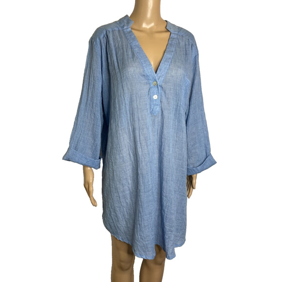 Women's XXL Portocruz Blue Lightweight Button Front Semi-Sheer Tunic Blouse - Picture 2 of 5